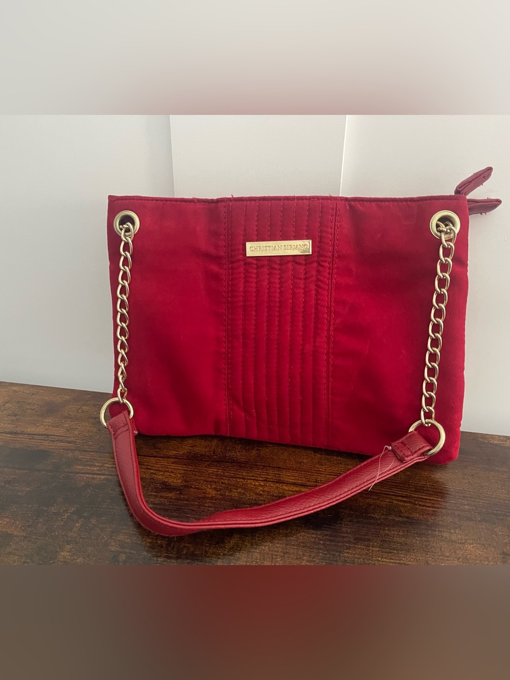 Christian Siriano Crimson Quilted Shoulder Bag with Gold Chain Strap